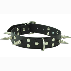 🐾 WILD HIDE — Handcrafted Exotic Leather Fetish Gear: WILD - COLLAR - Wide Spike D-Ring Collar Flat Studs Long Spikes - Small - 303-0